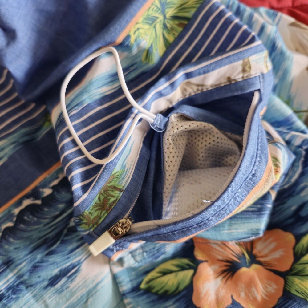 Ron Jon Surf Shorts Men 34 Blue Peach Beach Graphic Hawaiian Floral Zip Pocket - Picture 5 of 10